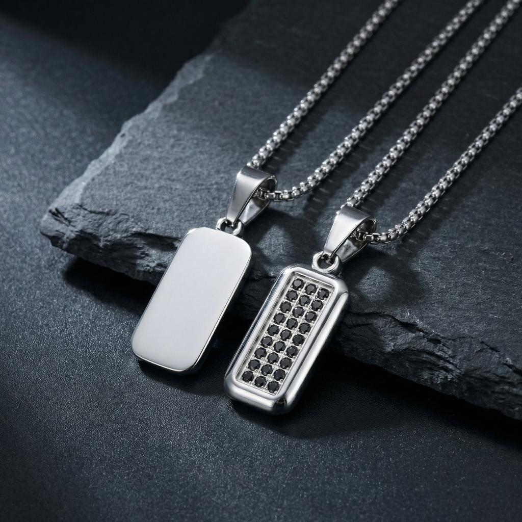 Vnox Stainless Steel Geometric Dog Tag Pendant Necklace for Men, Cubic Zirconia Box Chain Jewelry, Punk Style Hip Hop Necklaces