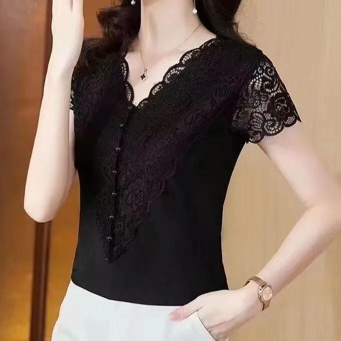 Women's Summer V-neck Short Short-sleeved Lace Top Solid Color Temperament Lace T-shirt