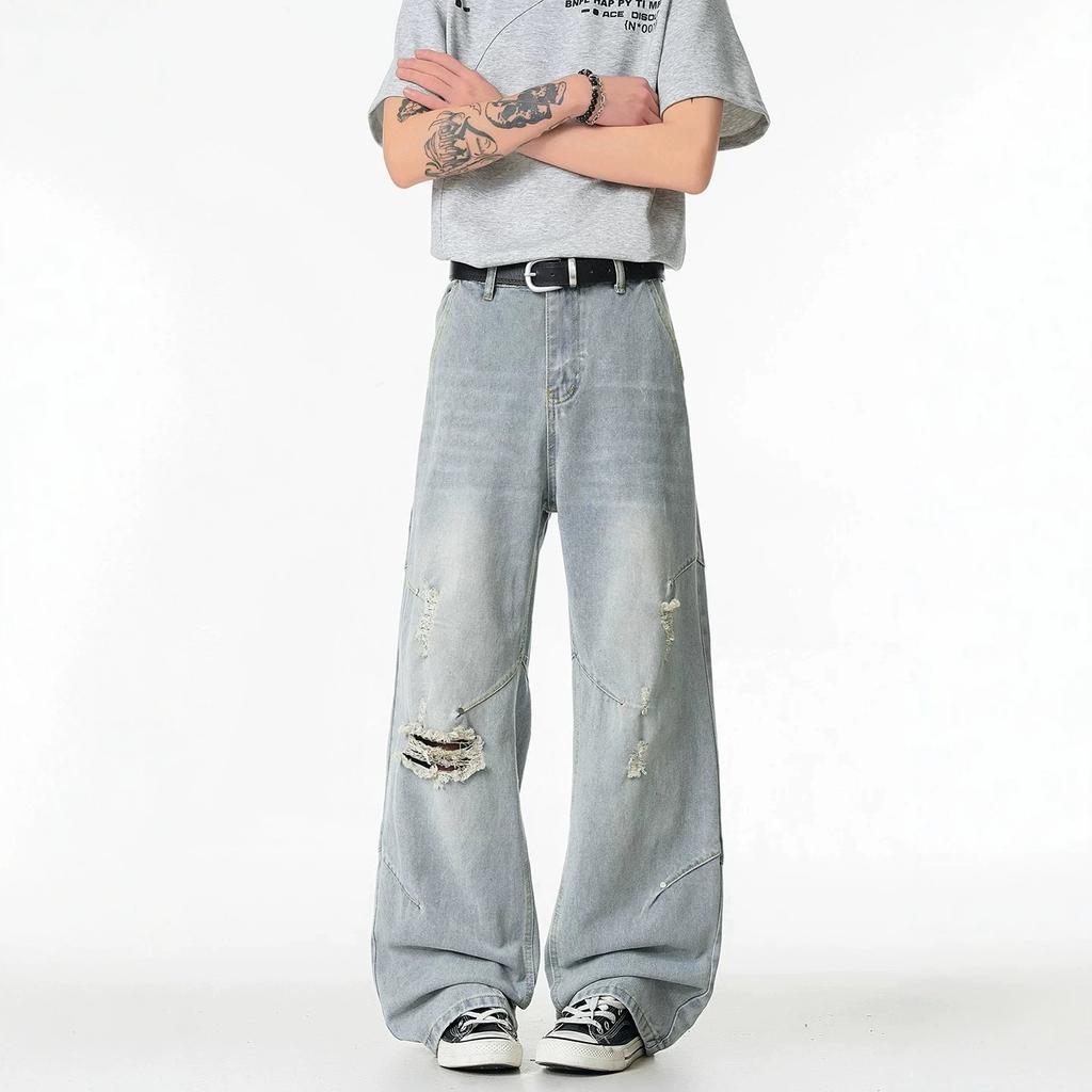 American retro ruffian handsome old ripped jeans men's and women's new high street loose straight wide-leg trousers