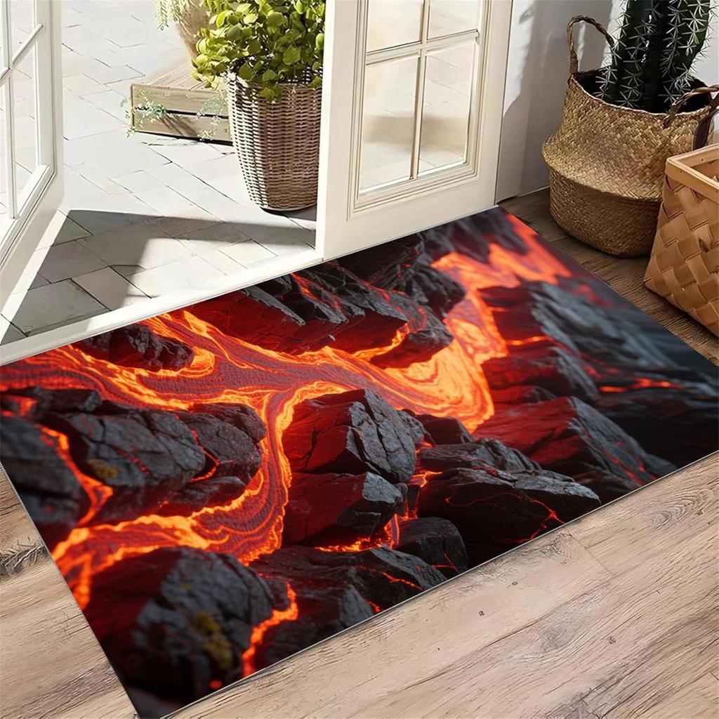 2D Lava Doormat Cracked Rock Pattern Modern Industrial Vanity Carpet Magma Design Soft Non-Slip Floor Rug for Living Room