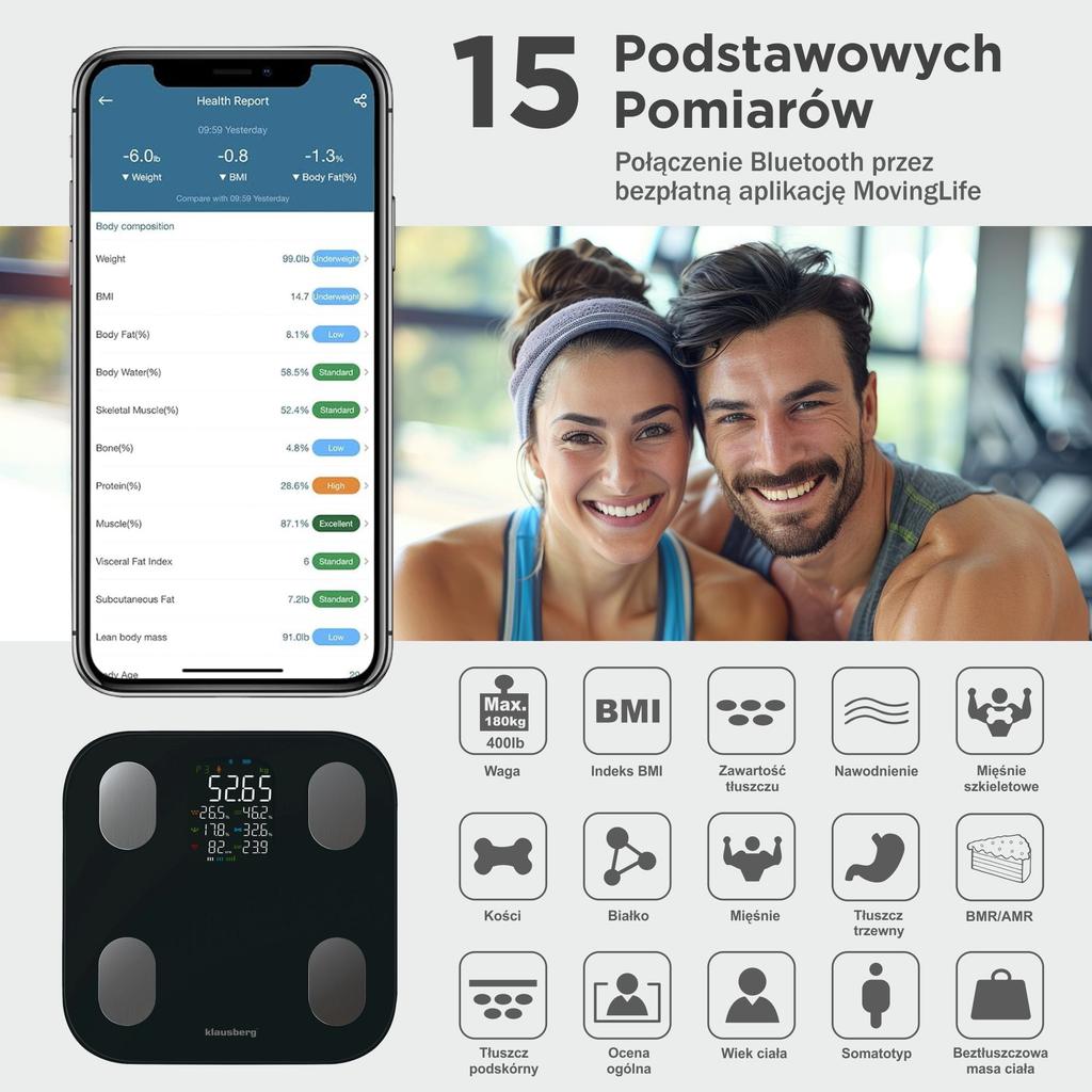 Waga łazienkowa z pomiarem tkanki tłuszczowej i składu ciała, Smart, BT,  KLAUSBERG KB-7854 czarna