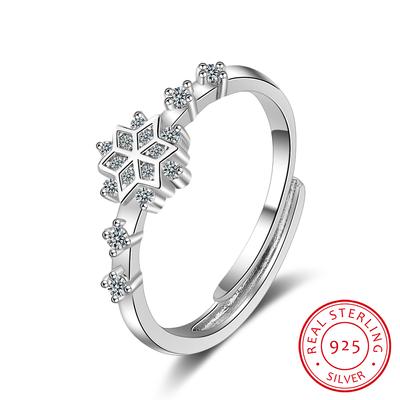 925 Sterling Silver Flower Rings for Women Party Shiny Crystal Cz Snowflake Opening Ring Fine Jewelry Christmas Gift