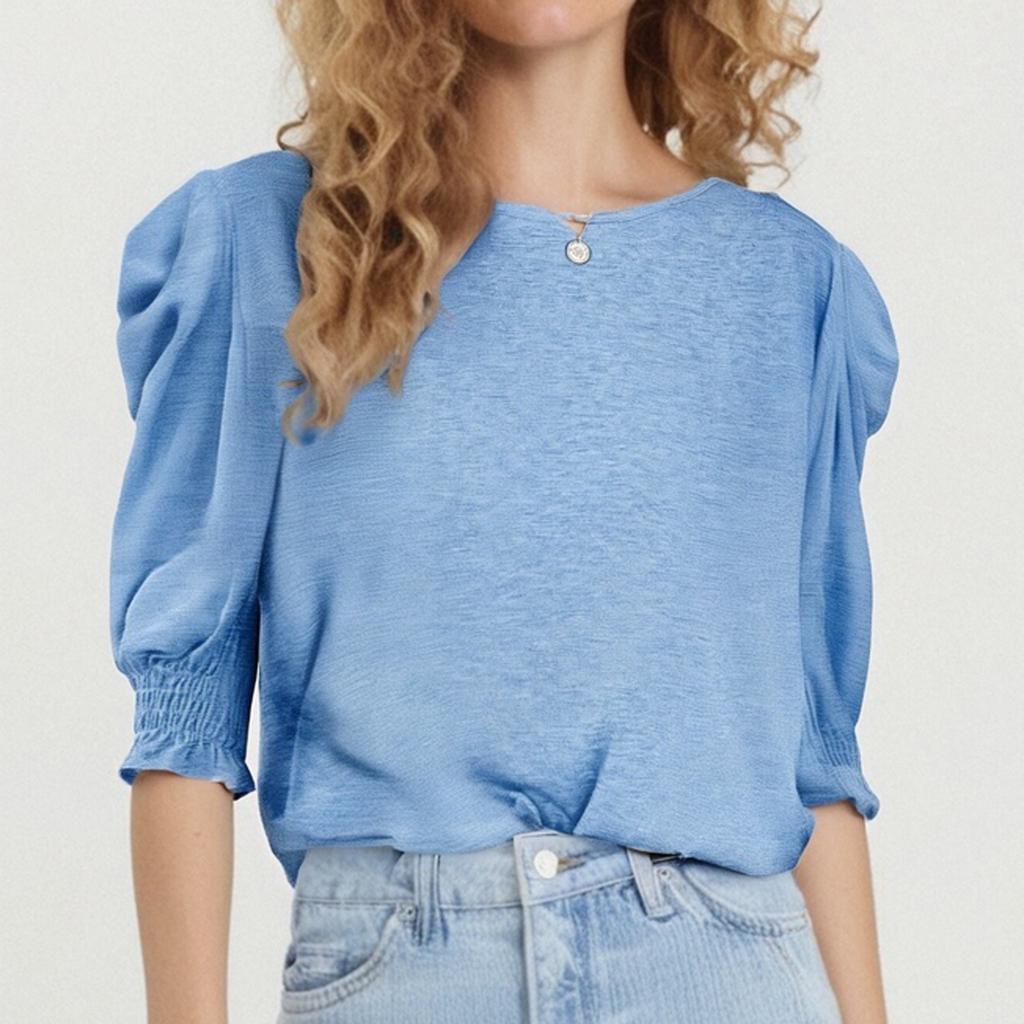 Damski swobodny i modny top z rękawem siedem ósmych i okrągłym dekoltem