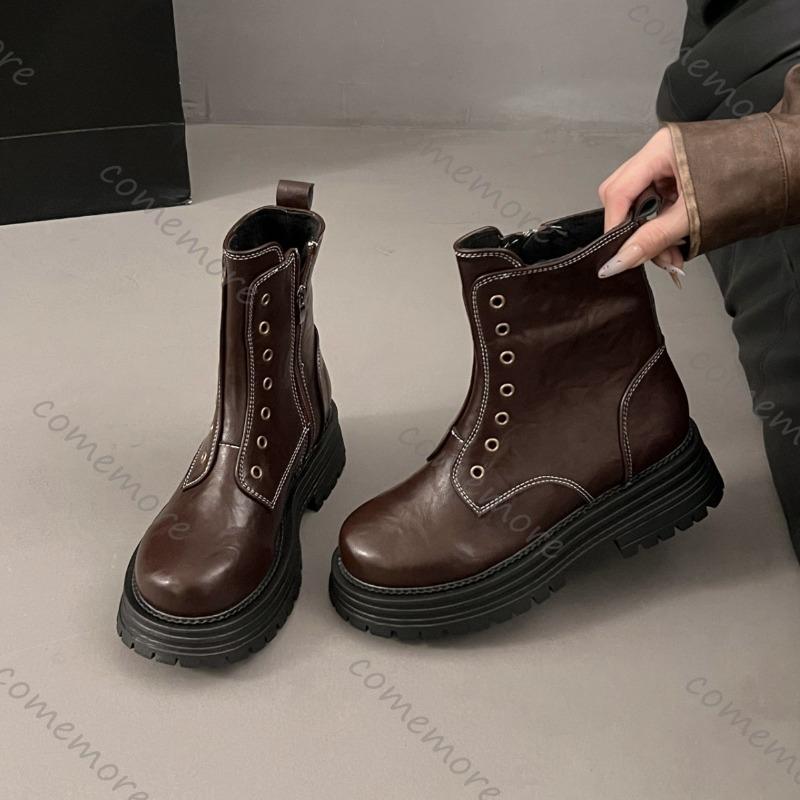 Comemore Women's Ankle Boots Retro Platform Leather Short Leather Gothic Punk Style Women's Shoes Side Zip Borines for Woman