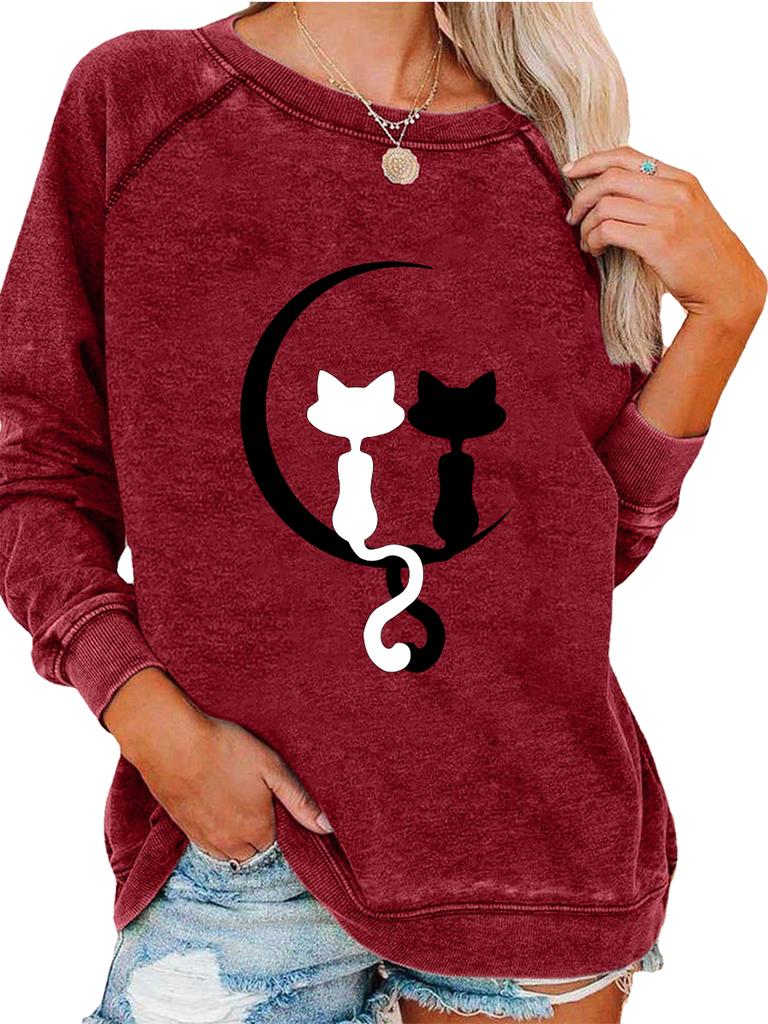 Ladies Spring/Fall Sweatshirt Women's Fashion Cat Print Top Oversized Pullover Sweatshirt