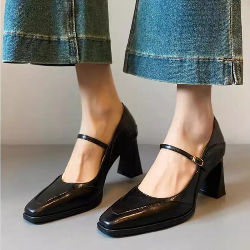 Fashion 2025 New Heeled Shoes Woman Retro Shallow Mouth High Heel Mary Jane Shoes Black Brown Square Head Pumps Fashion Heels for Ladies