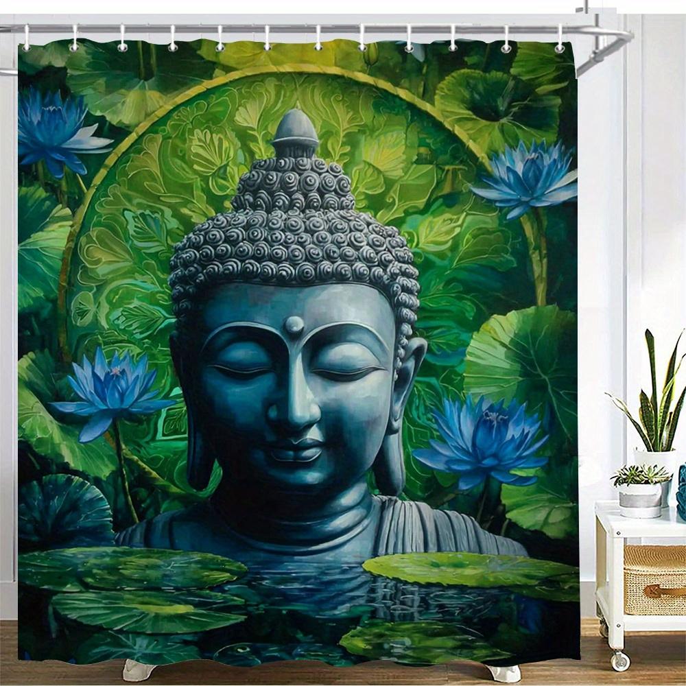 

Blue Serenity Buddha Shower Curtain Meditating Face In Lotus Pond Vibrant Green Leaves Blue Lotuses, 12 Hooks 70.87×70.87 Inch W60H190(CM)-1 Pcs