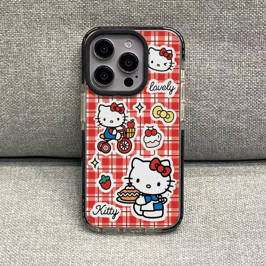 Red grid cat circle case, black edge is suitable for Apple 16plus/15 mobile phone case 14/13/12/11promax soft case