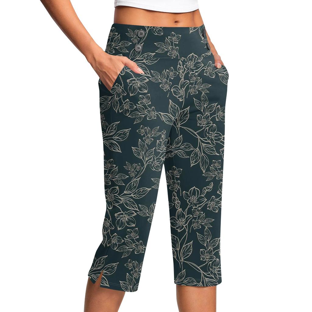 Women's Vintage Floral Print Button Pocket Trousers Slit High Waist Sports Yoga Casual Pants
