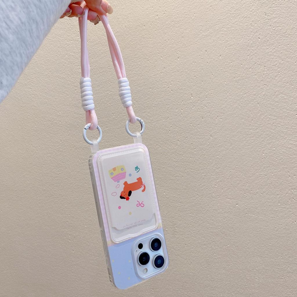 Korean Style Card Bag Suitable for IPhone15pro Cartoon Mobile Phone Case Apple 16 Lanyard 13 Mobile Phone Love Protection Case