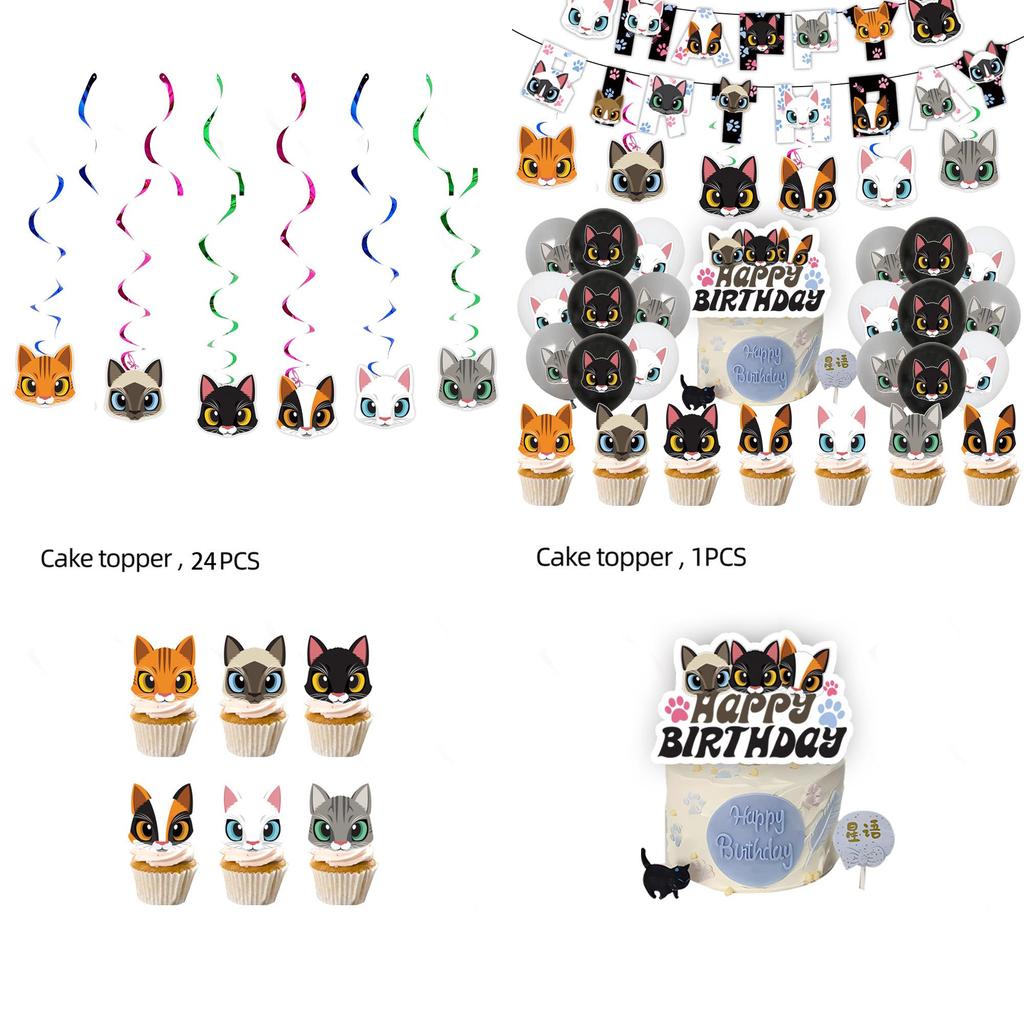 Cute Black And White Cat Birthday Party Supplies Set Cake Topper Flag Balloons And Hanging Decorations Included!