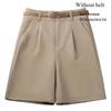 Zonder Riem Khaki Casual Wijde Pijpen Shorts Dames Zomer Effen Losse Knie-Lengte Broek Koreaanse Hoge Taille Pak Shorts Dames