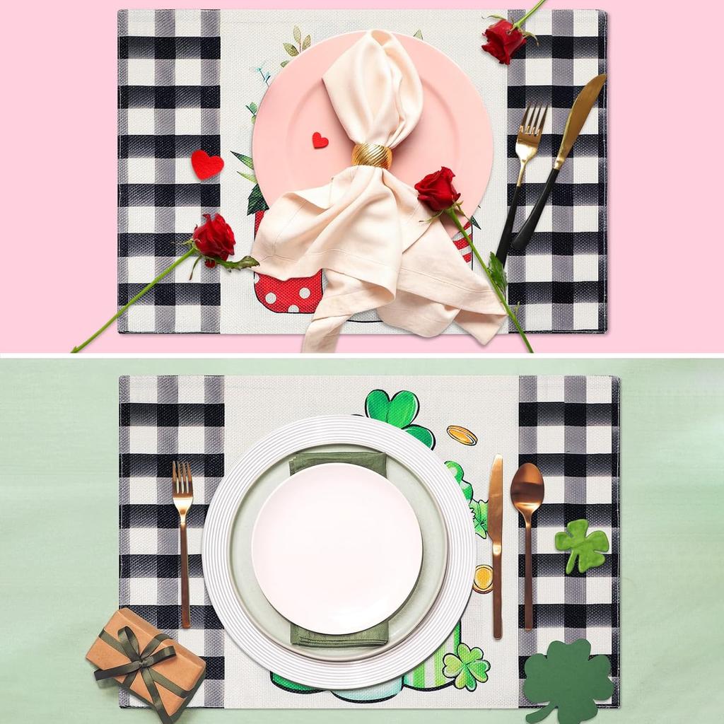 Valentine's Day Buffalo Plaid Placemats Set of 4 Double Sided St Patricks Day Valentines Placemats Decoration Set Farmhouse Table Holiday