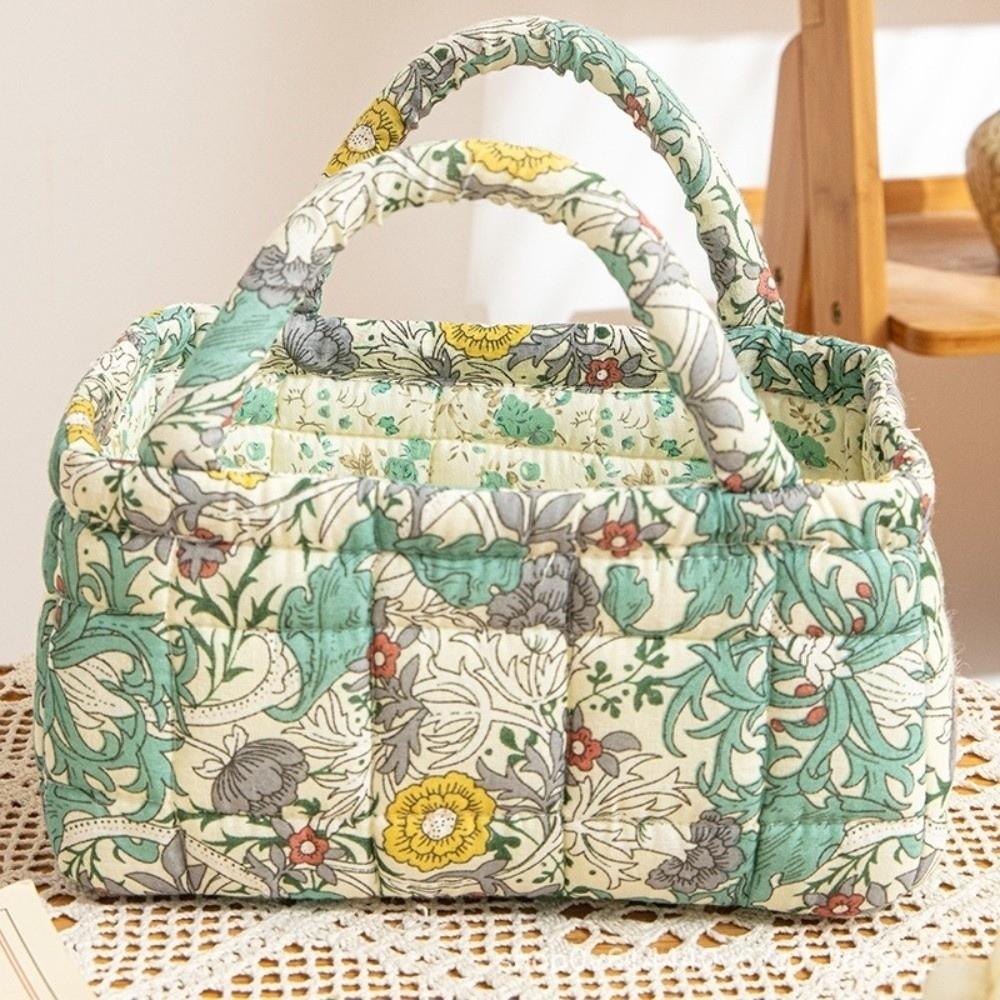 Floral Pattern Bento Handbags Patchwork Design Foldable Shopper Bag Portable Cotton Material Cosmetic Bag Home Textile Storage