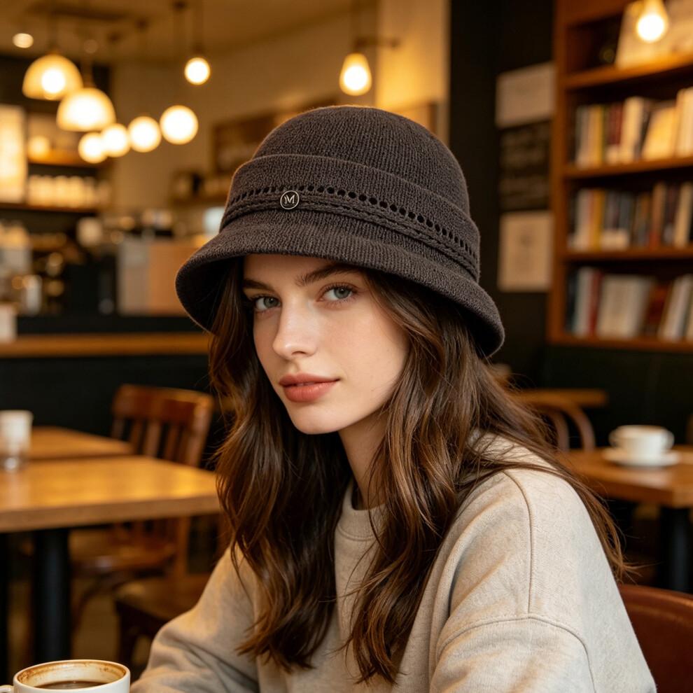 (Einheitsgröße, Kaffee) Damen Eimerhut Häkelmuster Atmungsaktiv Fischerhut Stylisch Dekorative Buchstaben Details Sonnenschutzhut