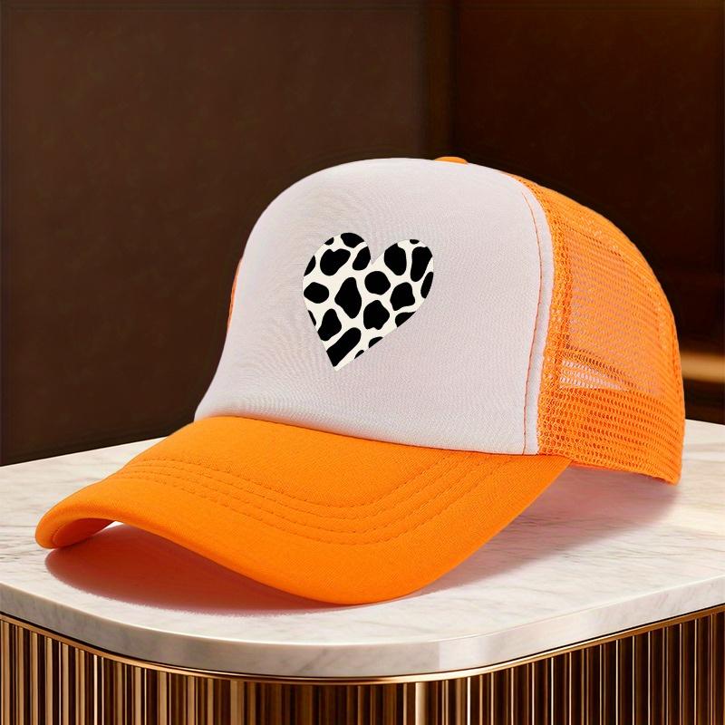Cow Print Heart Mesh Trucker Hat Polyester Casual Unisex Snapback Adjustable Cap
