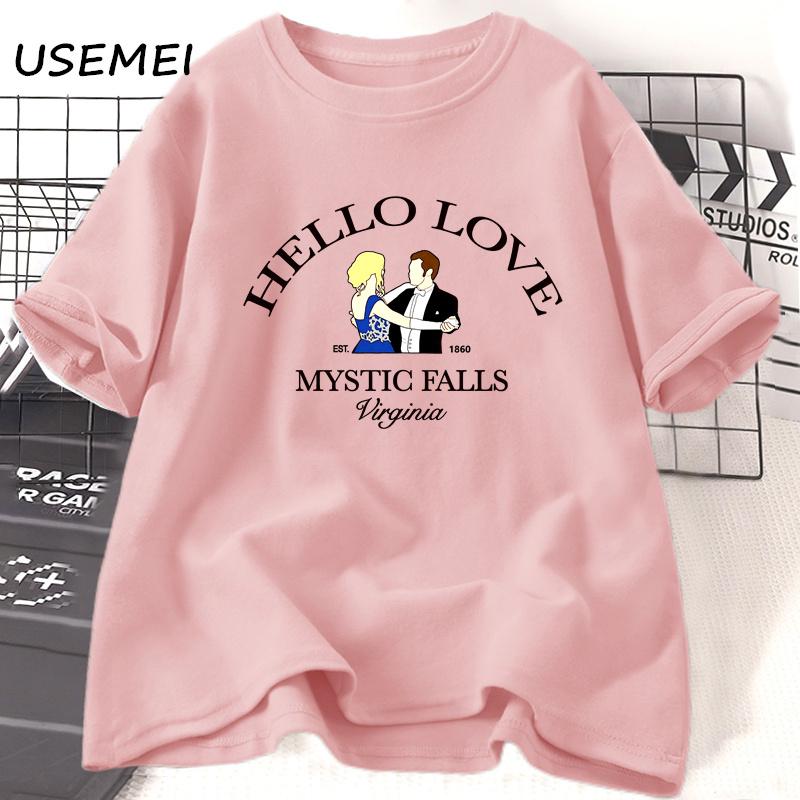 Hallo Liebe T-Shirt Damen Herren Vampire Diaries Fans T-Shirt Klaus und Caroline Tee Mystic Falls Virginia Grafik T-Shirt Damenbekleidung