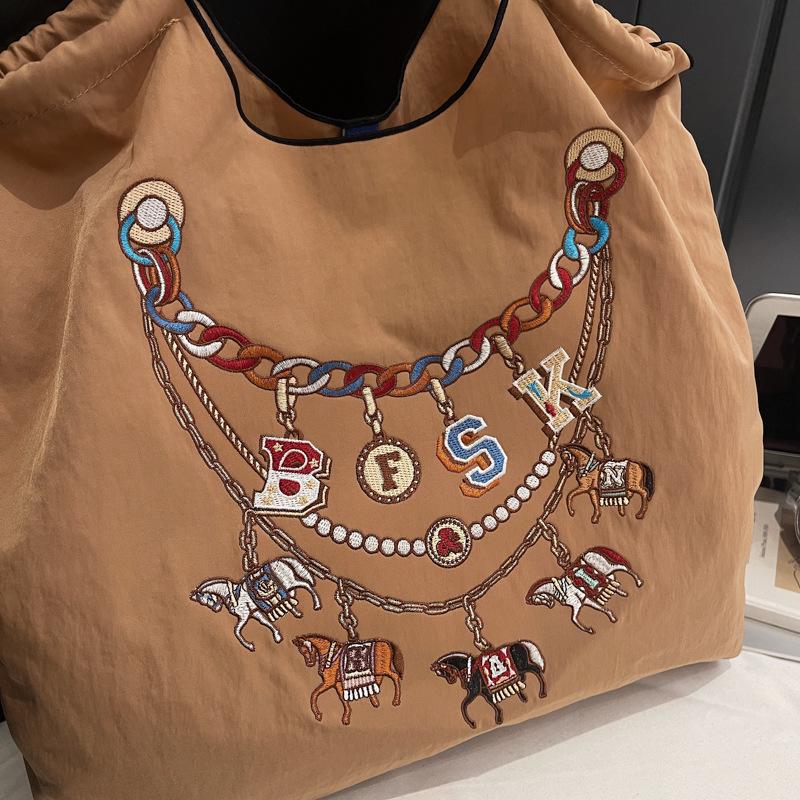 2026 Spring Japanese Style Eco-friendly Nylon Embroidered Tote - Large Capacity Casual Single Shoulder Bag for Women
