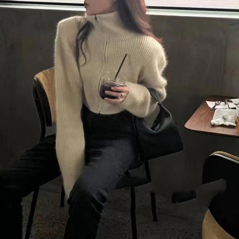 Elegant Fashion Turtleneck Cardigan Short Sweater Women Loose Autumn Winter New Versatile Zipper Long Sleeved Sweater Jacket Casual Simple Office Tops