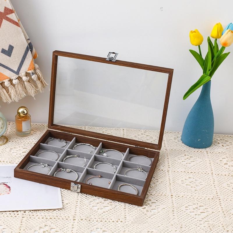 Chic Wood Earring Holder with Lid Wood Jewelry Collection Box with Partitions and Lid Elegant Presentation Tray