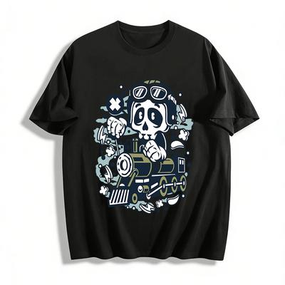 Skull Driving Steam Locomotive Fun Graphic Print Short Sleeve T-Shirt Pure Cotton T-shirt
