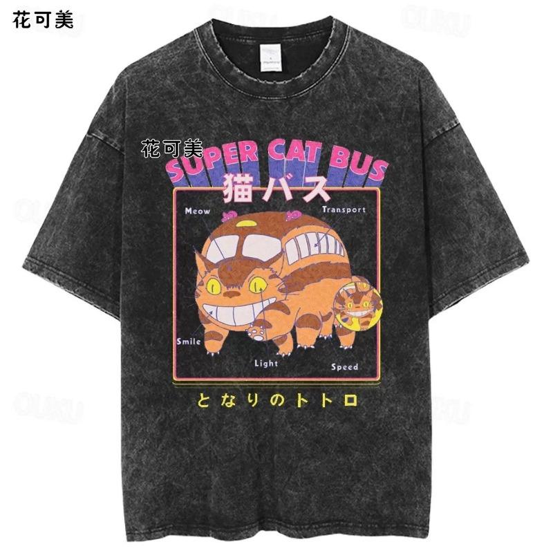 

Анимационный мерч Тоторо Ретро стирка под старину Чистый хлопок с принтом Дышащий Свободный Повседневный с круглым вырезом для мужчин и женщин L