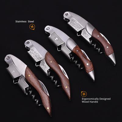 Professionele Kelnerskurkentrekker - Zware Roestvrijstalen Scharnieren Ergonomische Houten Grip, Bierflesopener en Foliesnijder