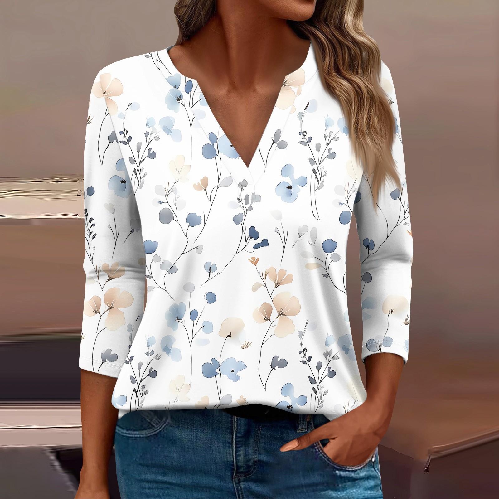 

Женская футболка Футболка с принтом Рукав 3/4 Повседневные Выходные Мода Базовый V-образный вырез Обычный топ XL белый