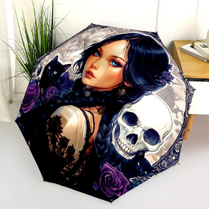 Black Cat Girl pattern, automatic folding umbrella, portable and foldable design, 8 ribs, a Christmas or birthday gift.