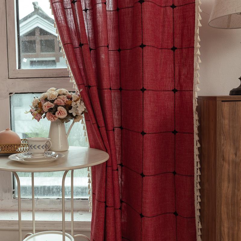 Grey Curtain Finished Product Embroidery Cotton And Linen Solid Color Plaid Coffee Insulation Living Room Kitchen Set Rod Partition Curtain