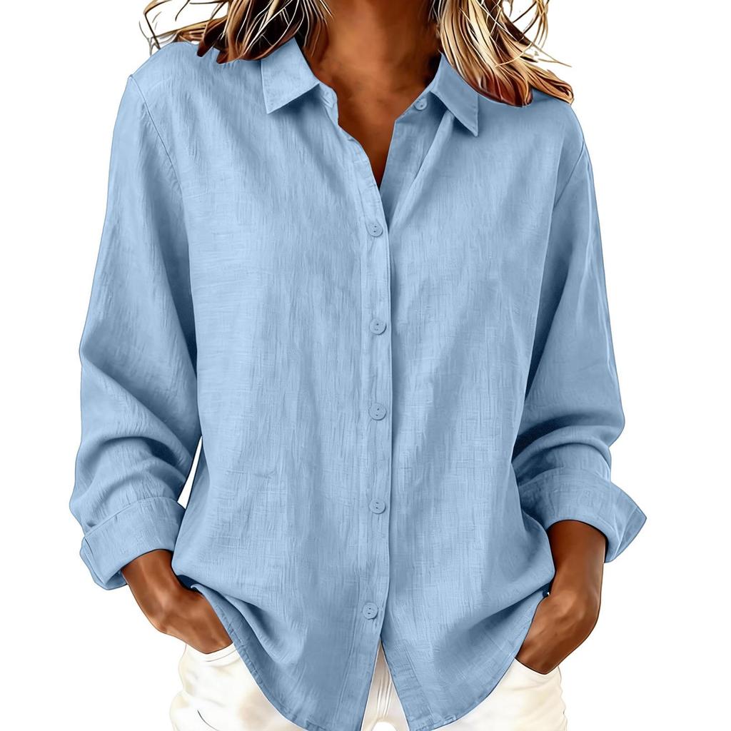 European & American Women's Spring/Summer Lapel Cardigan: Loose Long Sleeve Cotton & Linen Casual Shirt, Versatile for Any Occasion