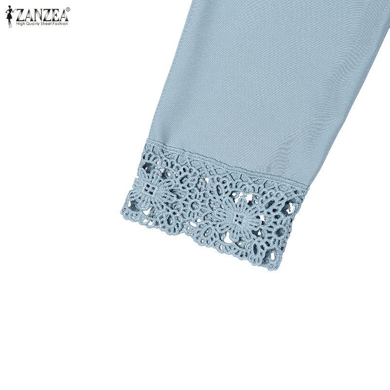 ZANZEA Women Casual Turn Down Collar Loose Lace Crochet Splice Long Sleeve Blouse