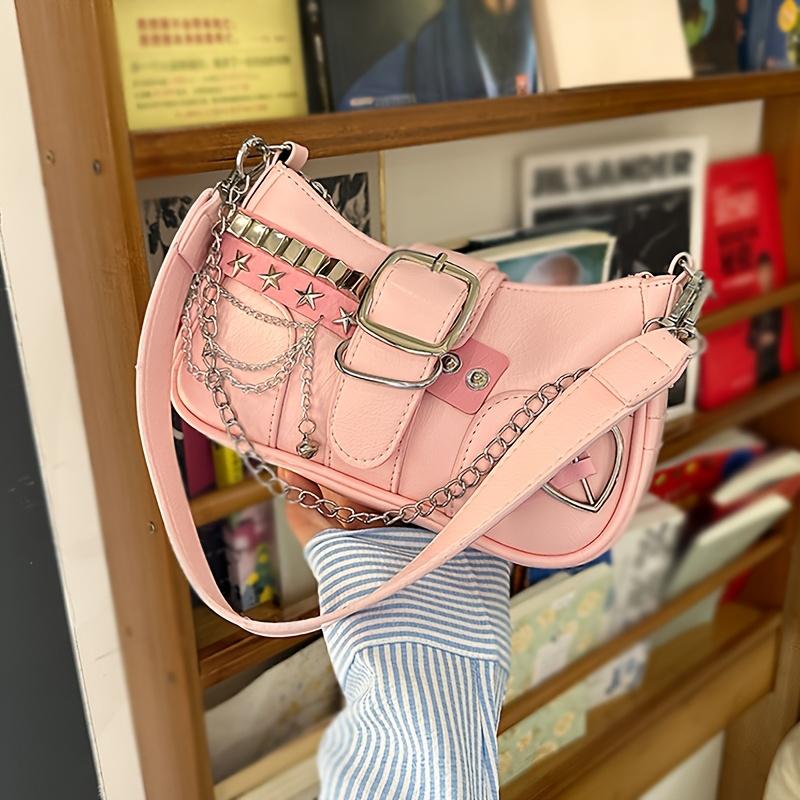 A Stylish Y2K Pink Crossbody Bag with a Chain Pendant - a Sweet and Cool Style Crossbody Bag, Perfect for Both School and Everyday Commuting.
