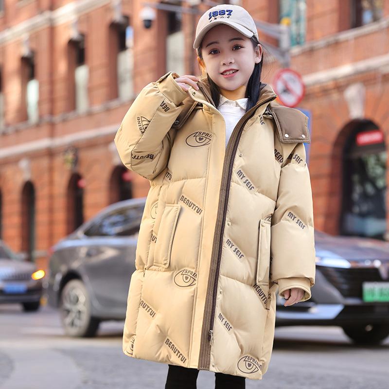 Dívčí zimní péřový kabát, silný a dlouhý, udrží děti v teple.