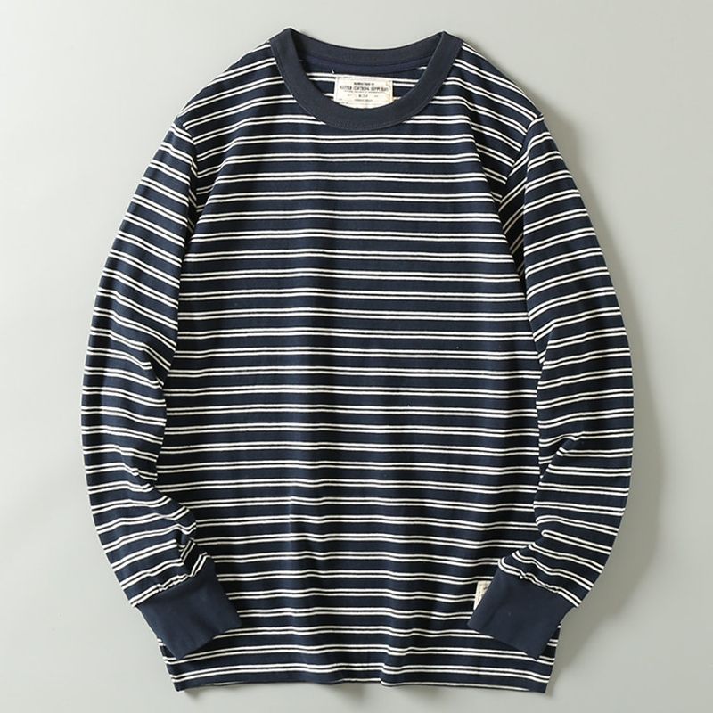 and Autumn Heavy Weight Cotton Navy-Striped Shirt Men's Long-Sleeved T-shirt Cotton Retro Blue and White Stripes Loose Bottoming Shirt Tops Tide