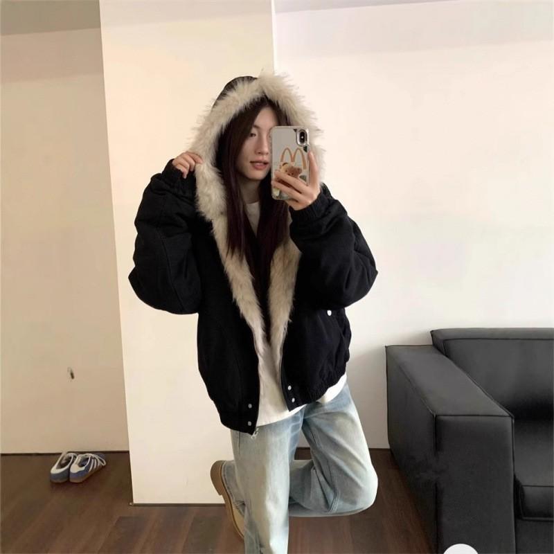 American Style Clean Fit Fluffy Hooded Parka Cotton Padded Jacket Couple Winter Thick Short Workwear Coat