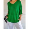 Women V Neck 3/4 Sleeve Loose Knit Top Solid Color Casual Lightweight Pullover Blouse