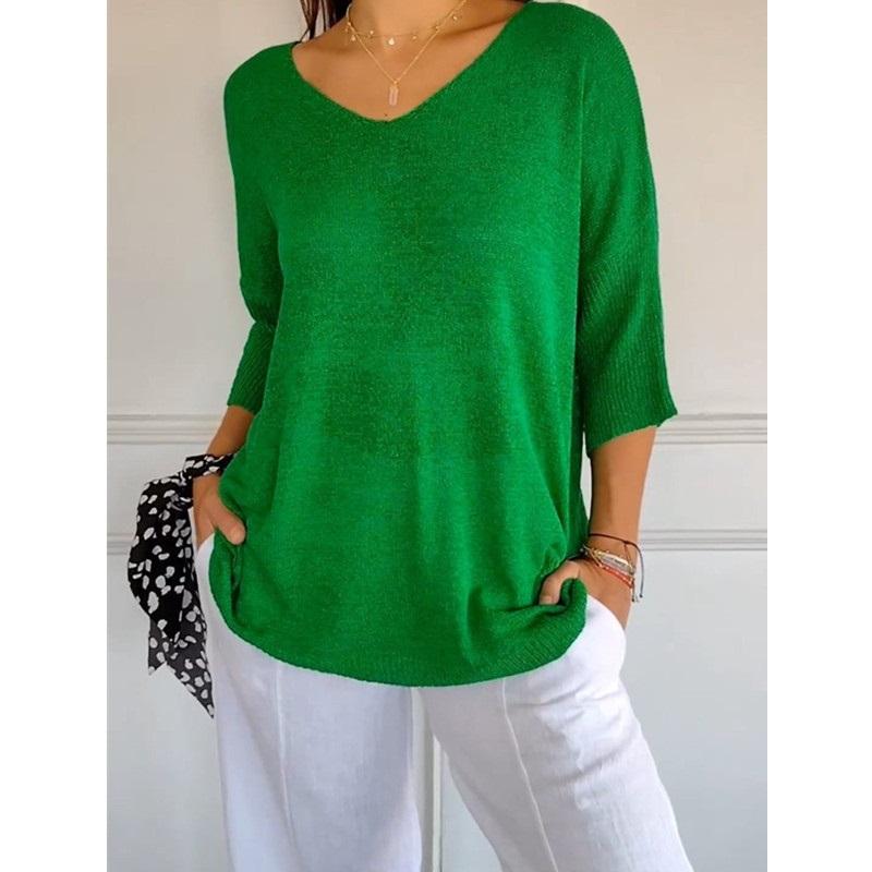 Women V Neck 3/4 Sleeve Loose Knit Top Solid Color Casual Lightweight Pullover Blouse