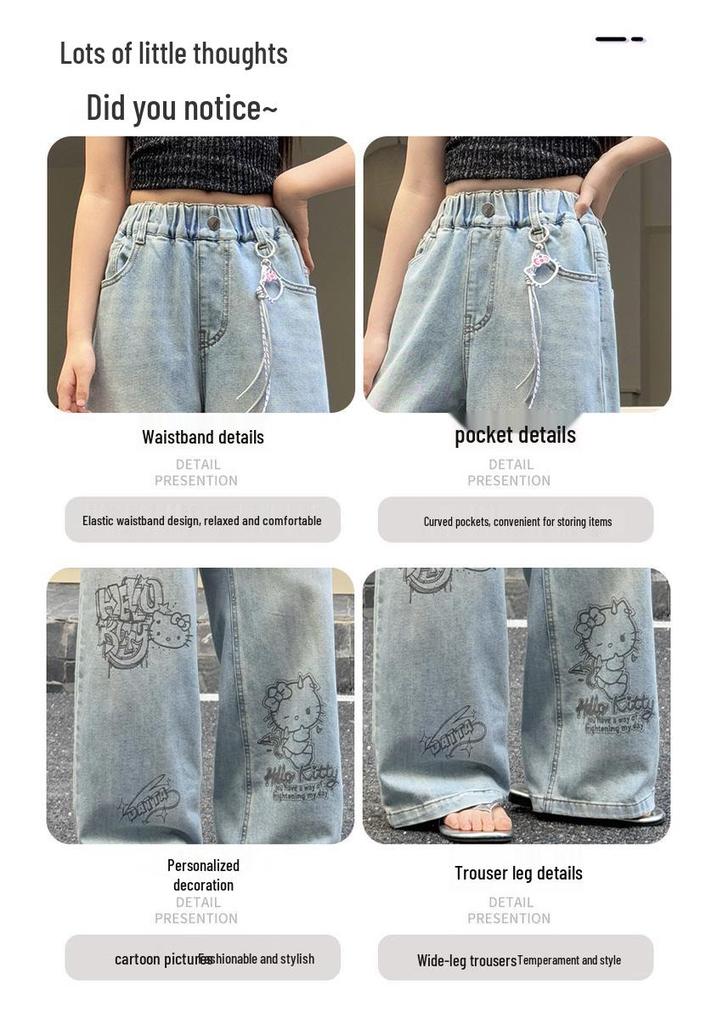 Girls' Retro Blue Graffiti Wide-Leg Jeans: Hand-Painted Loose-Fit Casual Pants