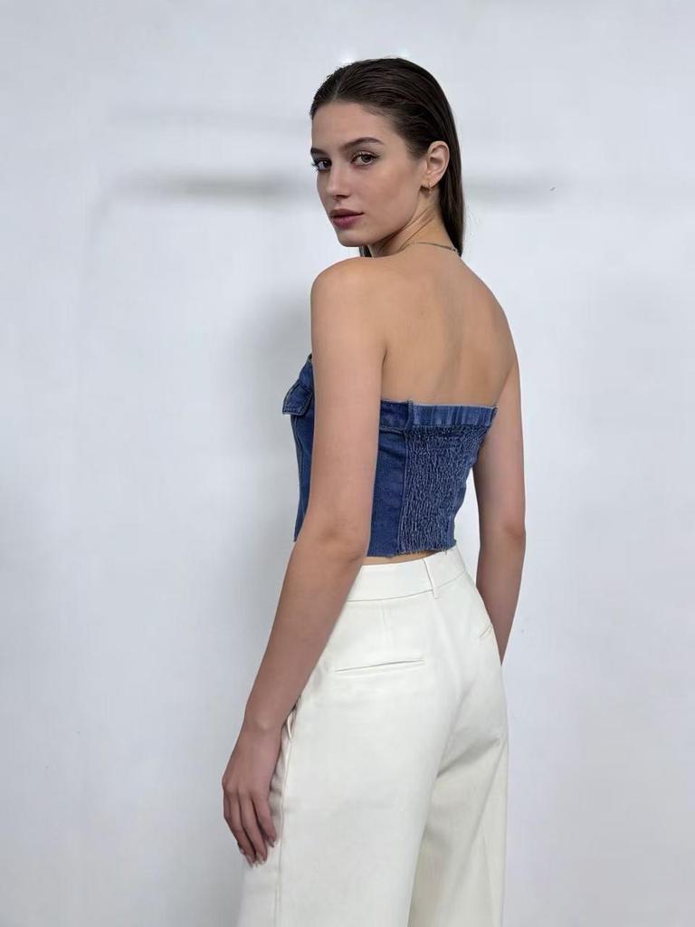 Blue Slim-Fit Denim Bandeau Top