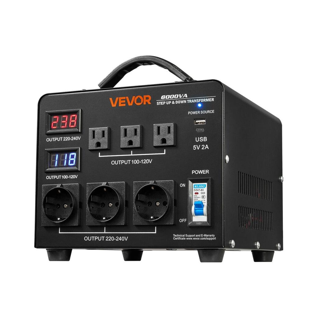 Spanning Automatische Converter Transformator, 6000VA, Heavy Duty Stap Omhoog/Omlaag Stroomtransformator, 110V naar 220V en 220V naar 110V, met 3 Amerikaanse Stopcontacten, 3 EU Stopcontacten,