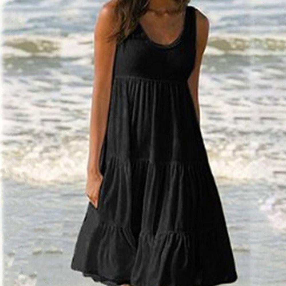 Letní bílé šaty s kulatým výstřihem, bez rukávů, s volánky, volné, plážové šaty pro ženy, boho, jednobarevné, elegantní letní šaty, klubová párty, midi šaty