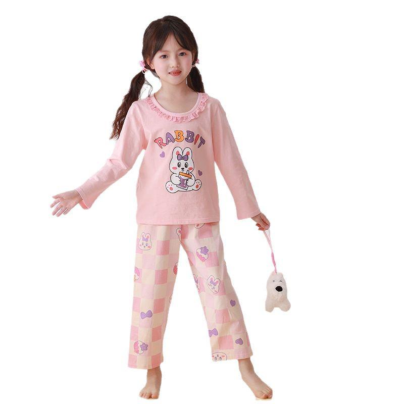 Girls' Summer Cotton Pajama Set - Long Sleeve & Pants, Antibacterial Homewear for Big Kids and Little Girls, Air Conditioning Suit.