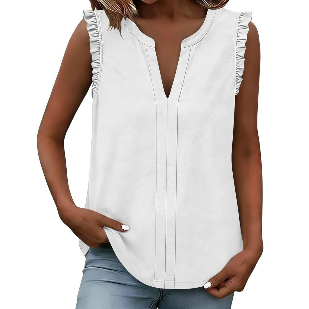 Damen Casual Tops Gerüschte Ärmellose Tops Lockere V-Ausschnitt Hemden Plissiertes Tanktop
