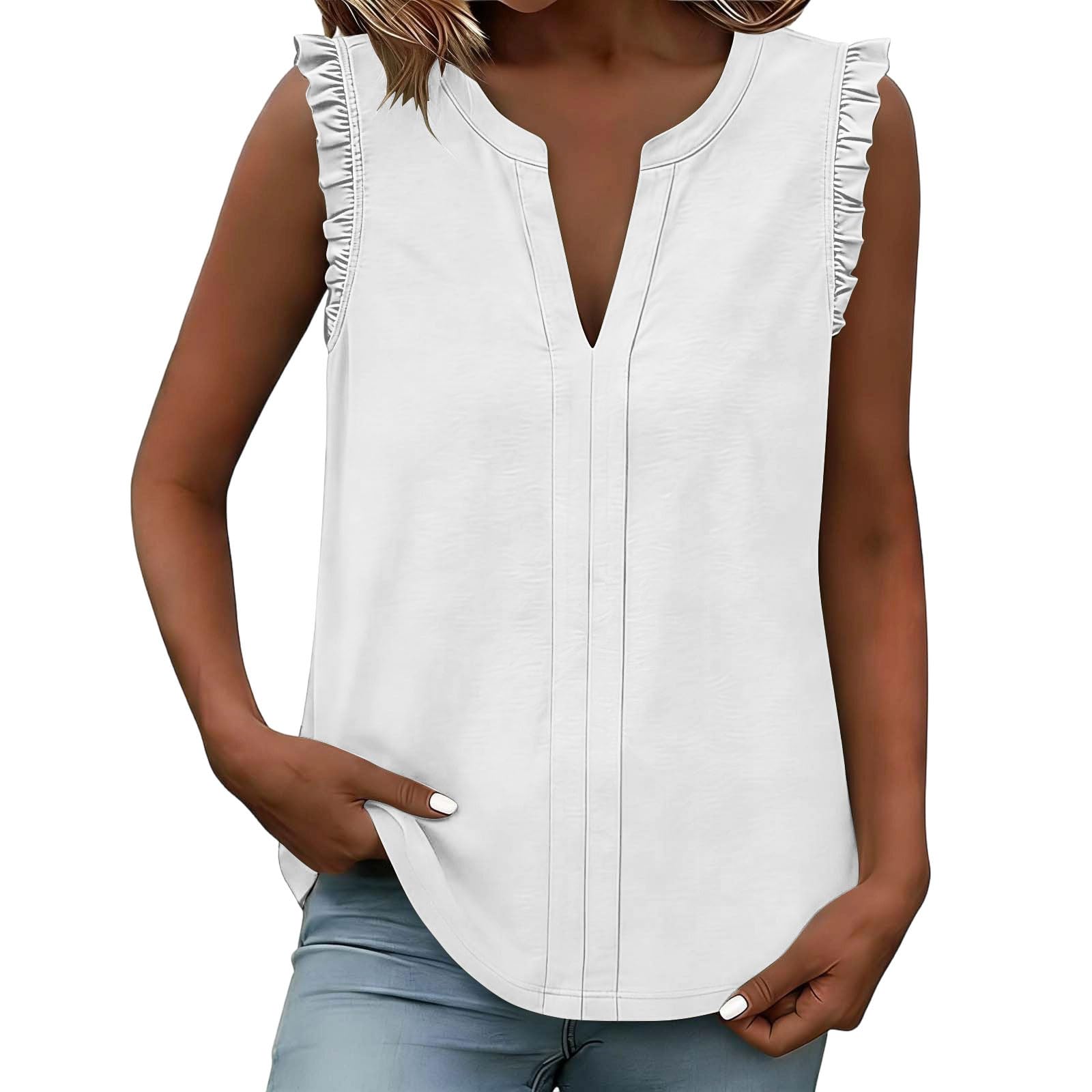

Women s Casual Tops Ruffled Sleeveless Tops Loose V Neck Shirts Pleated Tank Top XL білий