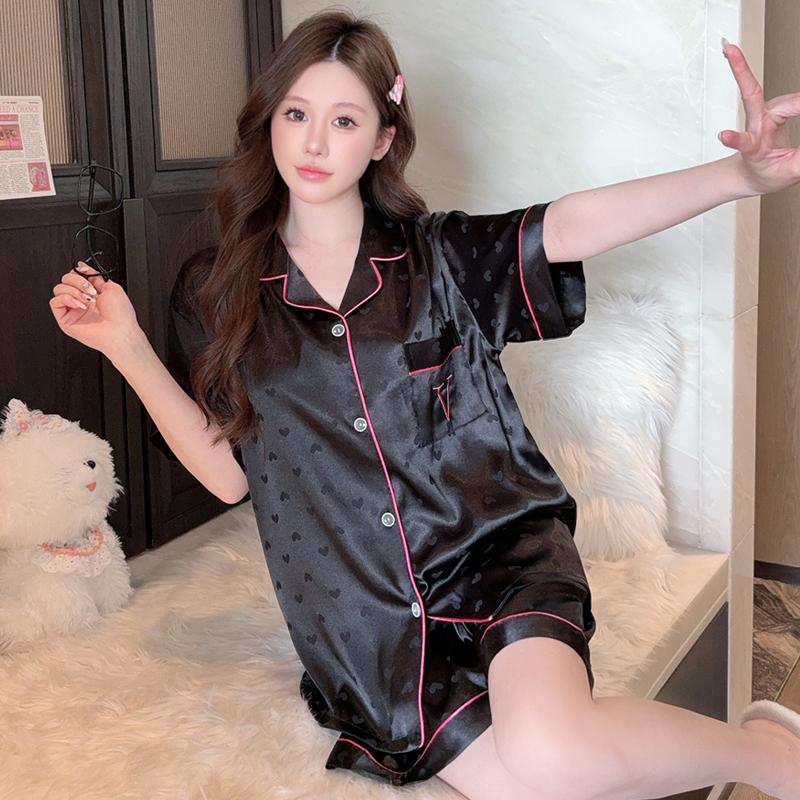 2025 Summer Pajamas for Women Fashion Short Sleeve Tops and Shorts 2 Piece Set Silk Sleepwear Elegant Heart Print Black Satin Pyjamas Young Girl