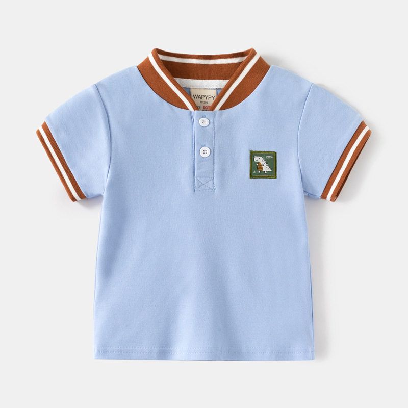 Kids Short Sleeve T-shirt Clothes Summer K-style Boy Dinosaur Embroidered V-neck Polo Shirt Baby Boy Color Matching Top