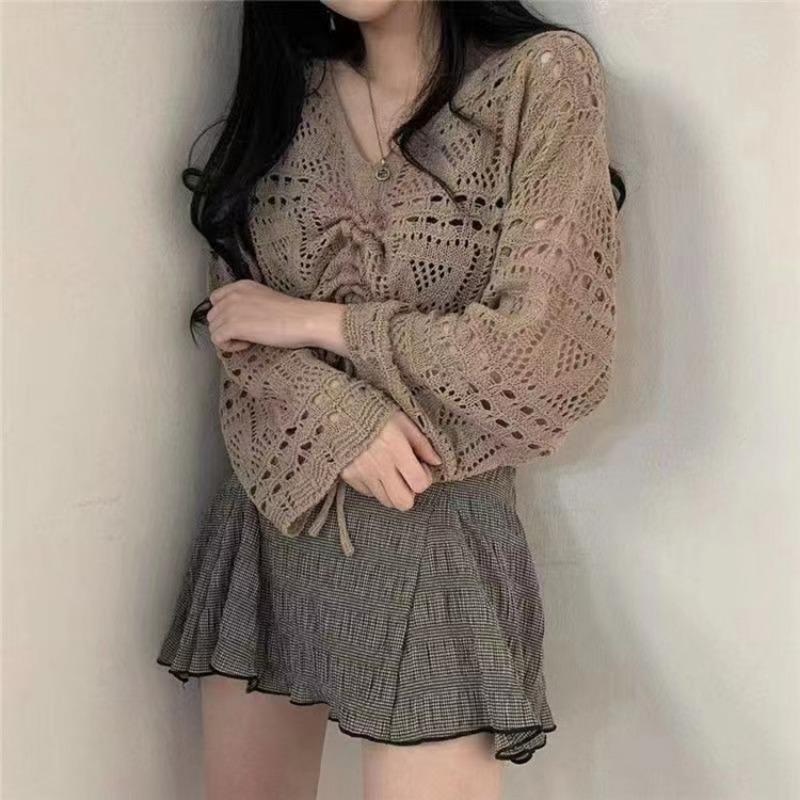 

Корейский модный вязаный пуловер на завязках, свитер с V-образным вырезом, длинными рукавами, ажурный топ, весна-осень, тонкий повседневный простой однотонный женский свитер 3120 One Size хаки