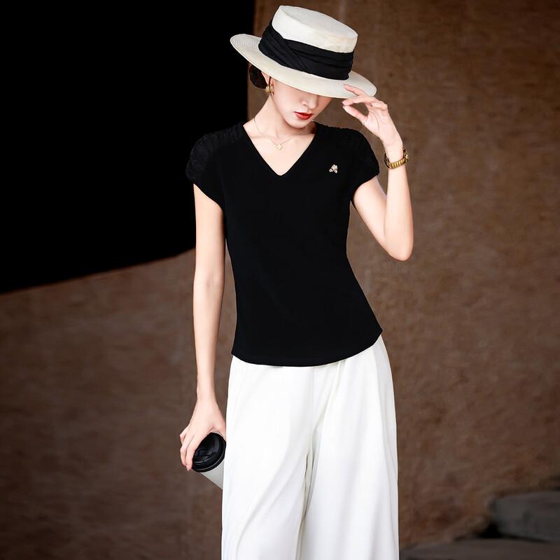 Women s Elegant V-Neck Lace Trim T-Shirt