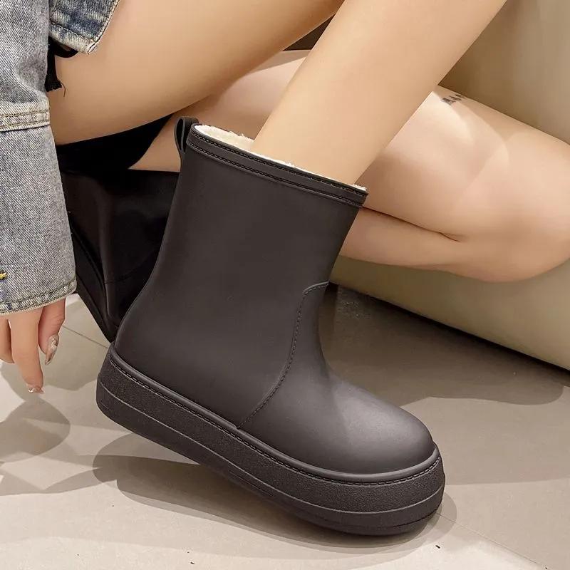 Plus Samt Warme Regenstiefel Damen Mid-Tube Rutschfeste Regenstiefel Verschleißfest Wasserdicht Schneestiefel Damen Feste Baumwollabdeckung